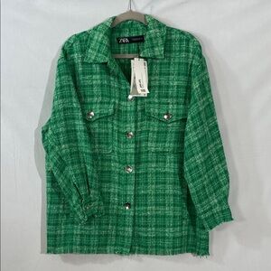 Zara Green Tweed Button-Up Jacket
